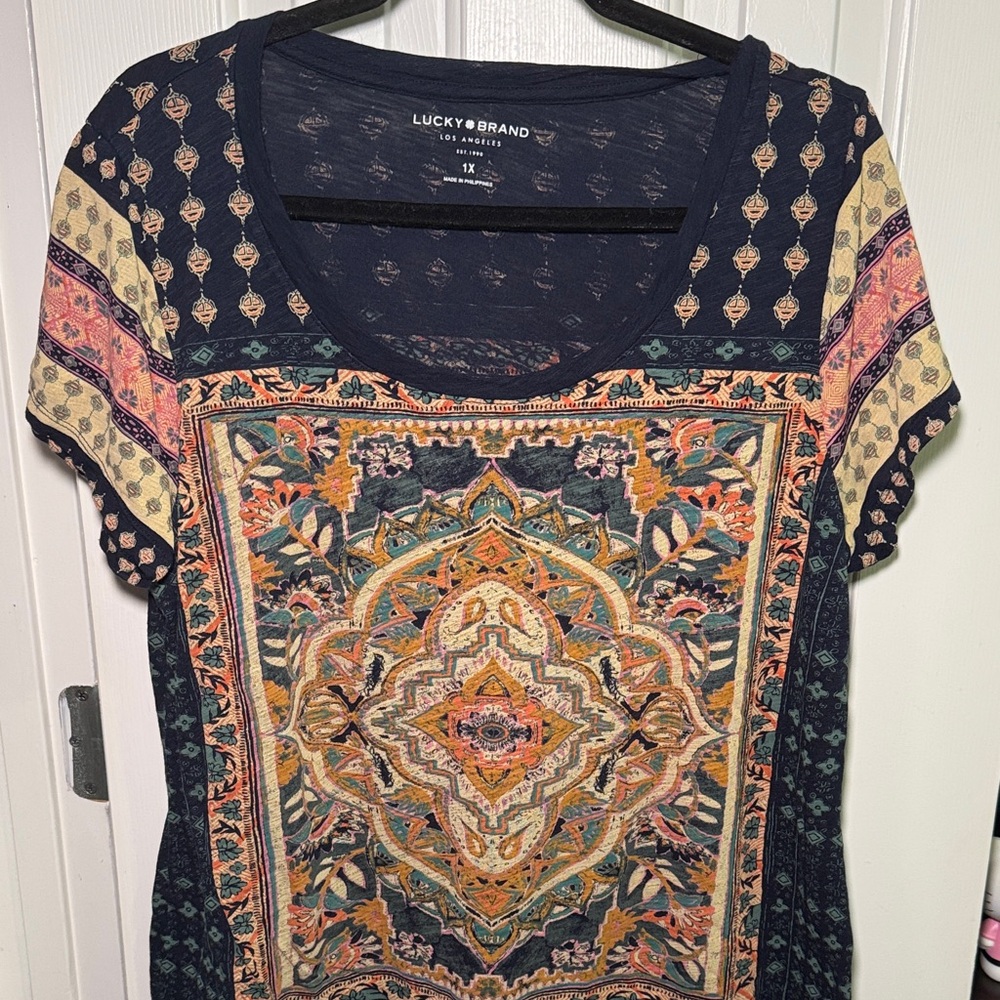 Lucky Brand Women's Navy and Orange Boho Blouse